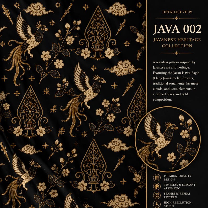 Peut inclure: Un tissu noir avec un motif dor&eacute; r&eacute;p&eacute;titif repr&eacute;sentant des aigles-autours javanais, des fleurs de melati, des ornements traditionnels, des nuages et des keris. Le texte indique JAVA 002 JAVANESE HERITAGE COLLECTION, d&eacute;crivant un motif continu.