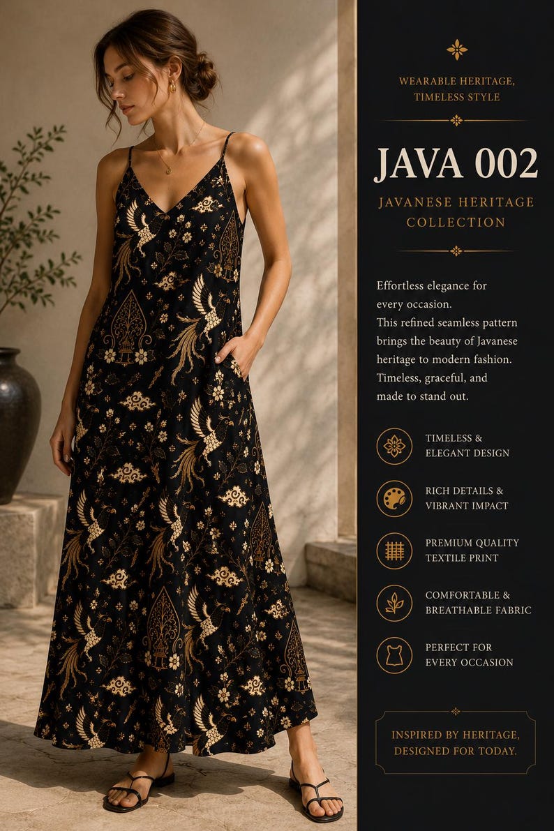 Peut inclure: Une robe longue noire orn&eacute;e d'un motif dor&eacute; repr&eacute;sentant des oiseaux et des motifs traditionnels, avec de fines bretelles, un d&eacute;collet&eacute; en V et des poches lat&eacute;rales. Le texte sur le c&ocirc;t&eacute; indique JAVA 002 JAVANESE HERITAGE COLLECTION et divers points.