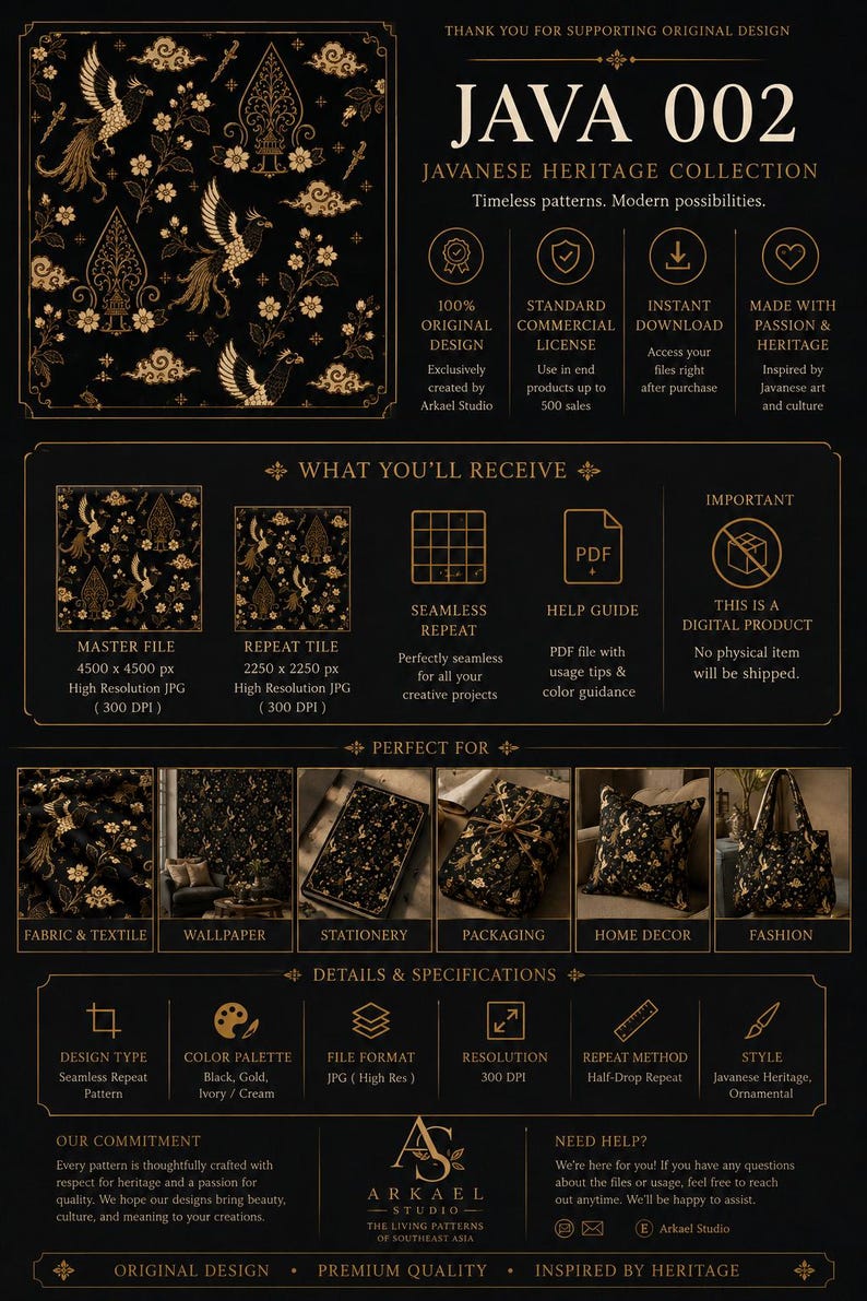 Peut inclure: Une fiche d'information produit num&eacute;rique pour la collection Javanese Heritage JAVA 002. Le design pr&eacute;sente un fond noir avec des motifs ornementaux dor&eacute;s et ivoire, incluant des oiseaux et des fleurs, dispos&eacute;s dans une mise en page en grille.