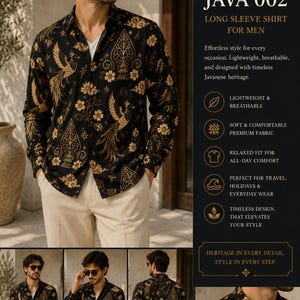 Peut inclure: Une chemise &agrave; manches longues boutonn&eacute;e noire avec un motif dor&eacute; repr&eacute;sentant des oiseaux et des fleurs. La chemise poss&egrave;de un col et est port&eacute;e sur un sous-v&ecirc;tement blanc. Le texte sur l'image inclut JAVA 002, LONG SLEEVE SHIRT FOR MEN et ARKAEL STUDIO.