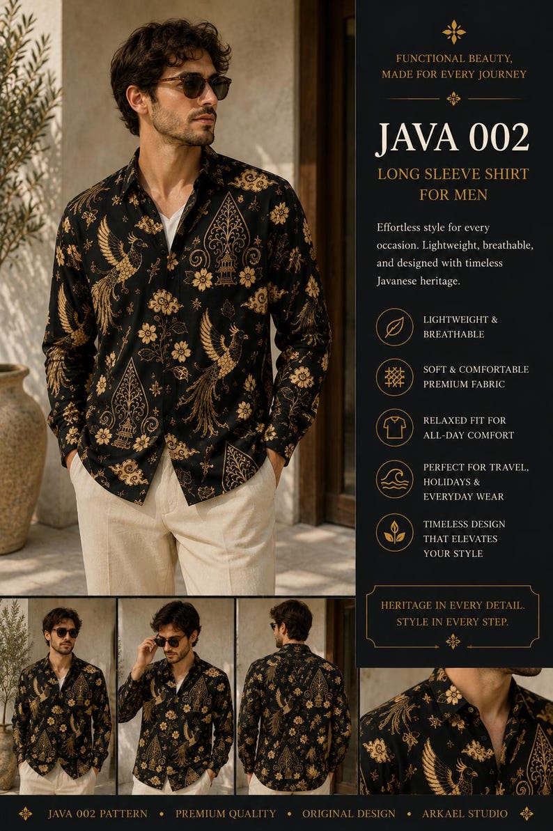 Peut inclure: Une chemise &agrave; manches longues boutonn&eacute;e noire avec un motif dor&eacute; repr&eacute;sentant des oiseaux et des fleurs. La chemise poss&egrave;de un col et est port&eacute;e sur un sous-v&ecirc;tement blanc. Le texte sur l'image inclut JAVA 002, LONG SLEEVE SHIRT FOR MEN et ARKAEL STUDIO.