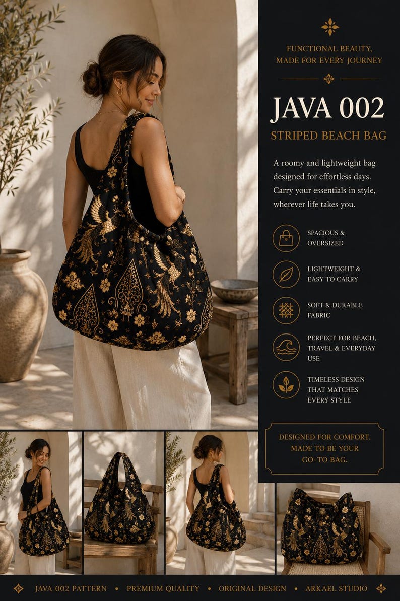 Peut inclure: Un sac de plage noir de style hobo orn&eacute; d'un motif dor&eacute; repr&eacute;sentant un ph&eacute;nix et des fleurs. Le sac pr&eacute;sente une large bandouli&egrave;re et une silhouette souple et d&eacute;structur&eacute;e. Le texte sur l'image inclut JAVA 002 STRIPED BEACH BAG et ARKAEL STUDIO.
