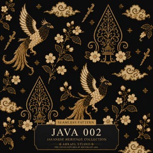Pode incluir: Um padrão sem costuras com ilustrações douradas de pássaros, ramos florais, nuvens e adagas sobre um fundo preto. Uma etiqueta retangular na parte inferior diz: SEAMLESS PATTERN JAVA 002 JAVANESE HERITAGE COLLECTION ARKAEL STUDIO.