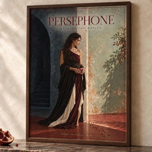 Puede incluir: Una impresión de arte mural enmarcada titulada PERSEPHONE BETWEEN TWO WORLDS, que muestra a una persona con un vestido drapeado de color rojo oscuro y crema sosteniendo una granada. La escena presenta un entorno arquitectónico con sombras.