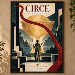 Pode incluir: Uma impressão de arte de parede retangular intitulada CIRCE AEAEA apresentando um grande cálice dourado, uma figura silhuetada segurando um cajado e uma longa serpente vermelha serpenteando pela composição. O texto diz CIRCE, AEAEA e MYTHIC EDITORIALS N° 04.