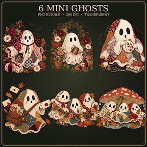 Paquete de 6 mini tríos de fantasmas patchwork en formato PNG, imágenes prediseñadas retro boho para Halloween, diseños de sublimación cottagecore para otoño, descarga digital.