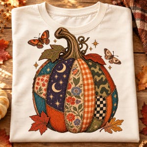 May include: A cream-coloured t-shirt featuring a large graphic of a patchwork pumpkin. The pumpkin is composed of various patterns including moons, stars, floral prints, orange gingham, and black and white checkers, surrounded by butterflies and leaves.