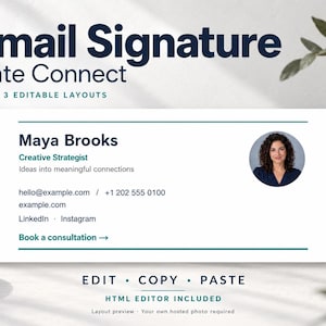 May include: An email signature template titled Slate Connect featuring three editable layouts. The design includes a placeholder for a name, job title, contact information, social media links, and a circular headshot of a person.