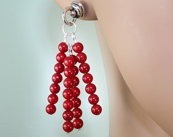 coral stick earrings, red coral earrings, hanging coral earrings, bohemian jewelry, beach wedding, bridal earrings, minimal earrings, simple