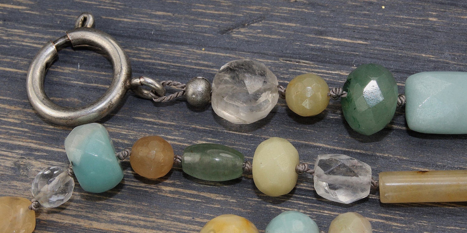 Layered Gemstone Long Summer Necklace Hand Knotted Aquamarine Etsy