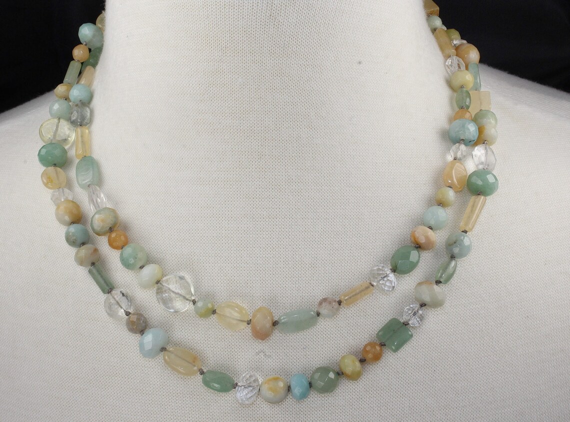 Layered Gemstone Long Summer Necklace Hand Knotted Aquamarine Etsy