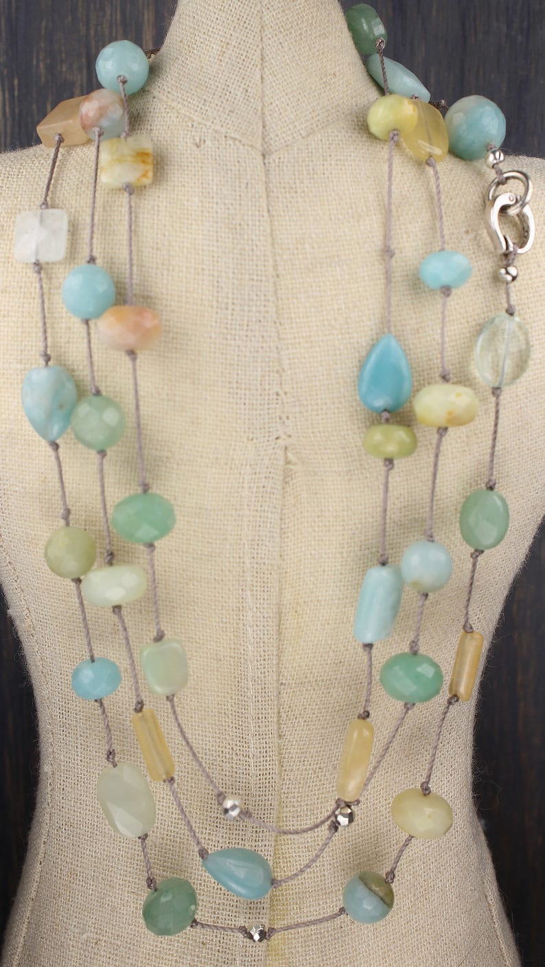 layered necklace Layering multi stone wrap bridal beach aqua long knotted necklace long beaded boho peach moonstone summer bridal