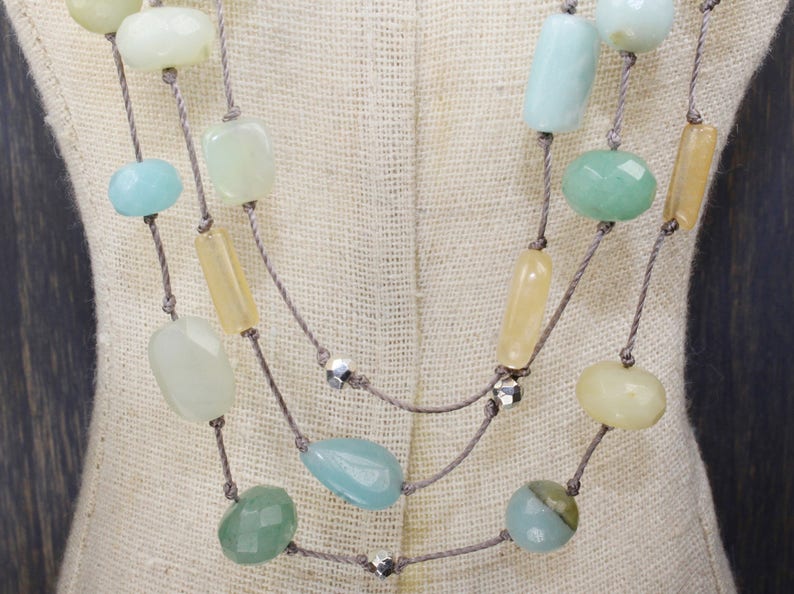 layered necklace Layering multi stone wrap bridal beach aqua long knotted necklace long beaded boho peach moonstone summer bridal