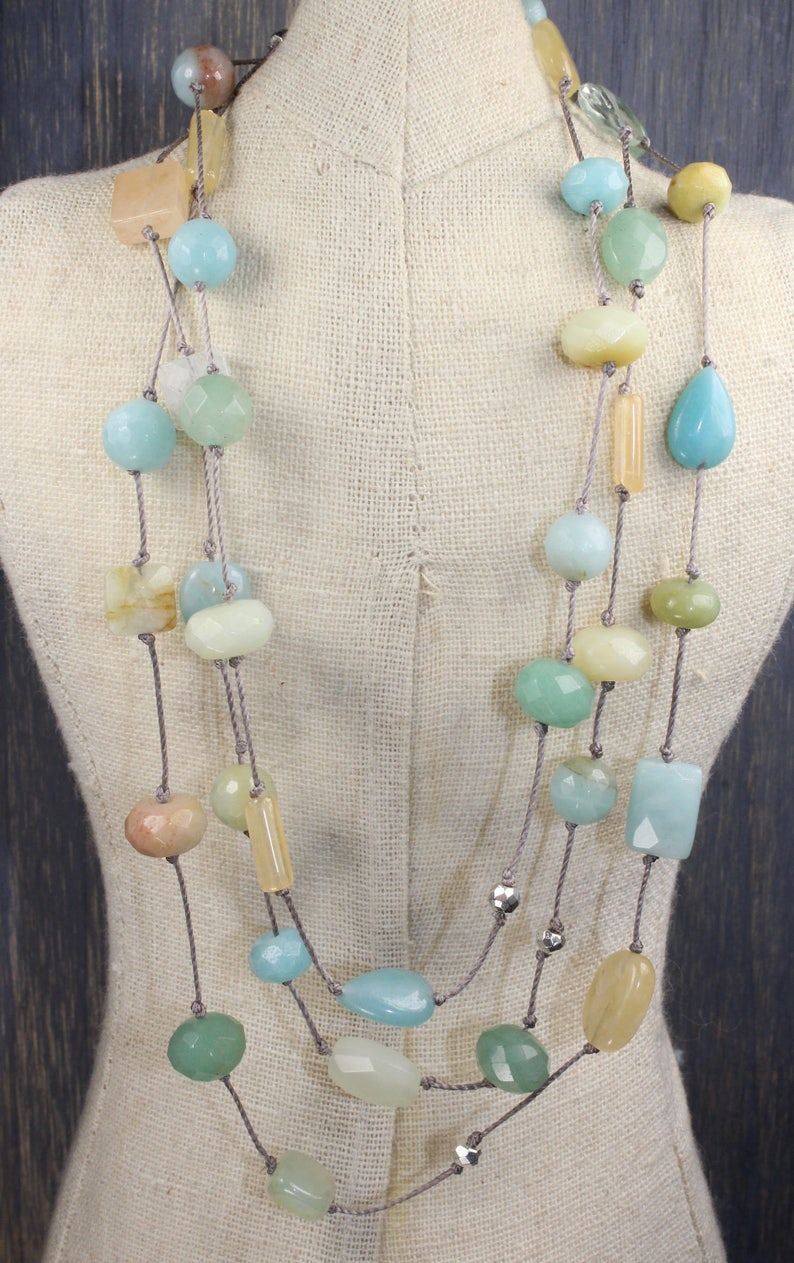 layered necklace Layering multi stone wrap bridal beach aqua long knotted necklace long beaded boho peach moonstone summer bridal