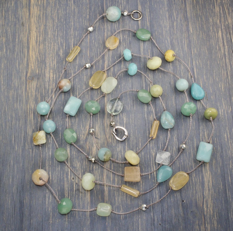 layered necklace Layering multi stone wrap bridal beach aqua long knotted necklace long beaded boho peach moonstone summer bridal
