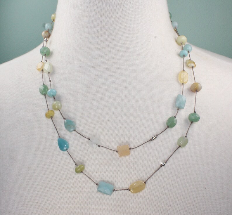 layered necklace Layering multi stone wrap bridal beach aqua long knotted necklace long beaded boho peach moonstone summer bridal