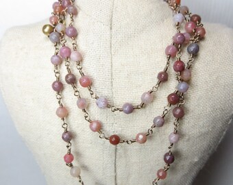 Layered stone bracelet, wrap necklace, pink stone, natural stone