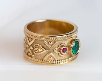 14K Gold Emerald Ring, Ruby Gemstone Wide Band, Italian Ornate Cocktail Ring, Women Gold Ring, Christmas Gift For Wife, Multi Gem Gold Ring
