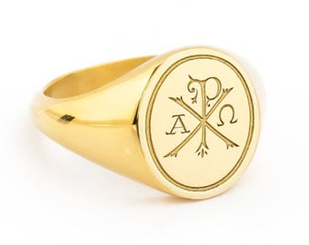 Anillo de sello Chi Rho de oro de 14 quilates, anillo cristiano Alpha Omega, joyería católica para hombre, regalo para esposo cristiano, anillo de confirmación, joyería Chi Rho