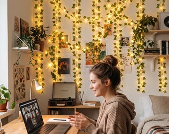 Realistic Ivy Vine LED Lights | Battery Operated Warm White Garland for Bedroom Decor