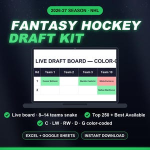 May include: A digital fantasy hockey draft kit for the 2026-27 NHL season displayed on a laptop screen. The interface shows a live draft board with team columns and player names like Connor McDavid, Macklin Celebrini, and Nikita Kucherov.