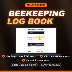 Puede incluir: Un libro de registro de apicultura digital con el título APIARY RECORDS y un APIARY DASHBOARD en una pantalla de portátil. El panel muestra colmenas activas, totales de miel, gastos y datos de inspección. Compatible con Excel y Google Sheets.