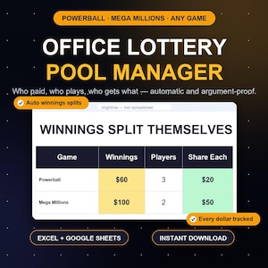 Office Lottery Pool Manager Spreadsheet, Powerball Mega Millions Group Ticket Tracker, Auto Winnings Split Payment Log, Excel Google Sheets
