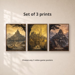 Op de afbeelding: Een set van 3 prints met posters van videogames. De eerste print toont Whiterun, de tweede Leyndell en de derde Ashina Castle. Elke rechthoekige print is bruin ingelijst en toont een gedetailleerd fantasielandschap met architectuur.