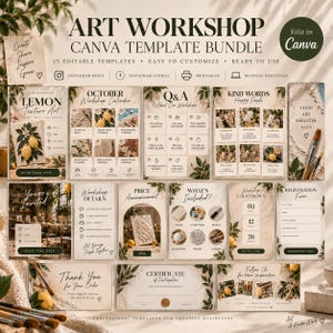 May include: A digital art workshop Canva template bundle featuring 15 editable designs. The collection includes layouts for calendars, Q&A, testimonials, workshop details, price announcements, registration forms, and certificates with a neutral color palette.