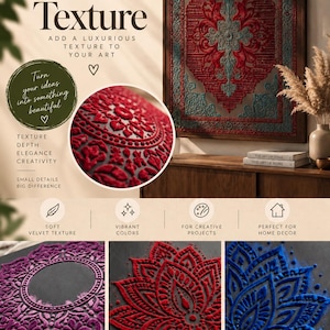May include: A collection of velvet texture art supplies featuring raised, intricate mandala and floral patterns in vibrant red, purple, and blue colors on dark backgrounds, displayed alongside framed wall art and promotional text.