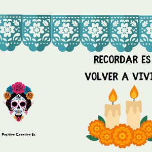 Puede incluir: Un diseño gráfico con banderas de papel picado color turquesa, una calavera de azúcar con flores coloridas, dos velas encendidas rodeadas de cempasúchil naranja y una lápida con R.I.P. El texto dice RECORDAR ES VOLVER A VIVIR.