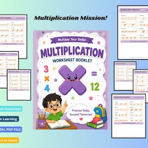 May include: A Multiplication Worksheet Booklet with a purple multiplication sign character, a child with glasses, books, and a backpack. The cover features the text Multiplication Mission, Multiply Your Skills, and Practice Today, Succeed Tomorrow.