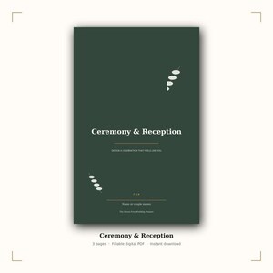 Pode incluir: Uma capa de planejador digital verde-escura intitulada Ceremony & Reception. Apresenta texto branco, linhas horizontais finas e pequenos elementos gráficos circulares brancos. O texto inclui Design a celebration that feels like you, Name or couple names e The Moon Free Wedding Planner.