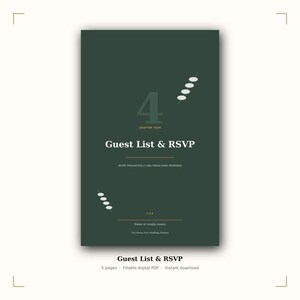 Op de afbeelding: Een donkergroene digitale plannerpagina met de titel Chapter 4 Guest List & RSVP. De pagina bevat witte tekst, een groot cijfer 4 en kleine witte cirkelvormige grafische elementen. Het bevat lijnen voor namen en de tekst The Moon-Free Wedding Planner.