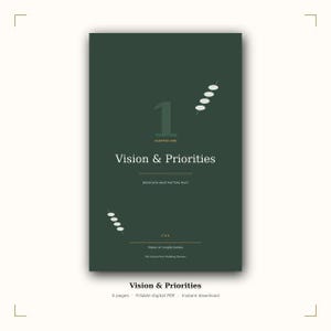 Op de afbeelding: Een donkergroene digitale planneromslag met de tekst 1 CHAPTER ONE Vision & Priorities BEGIN WITH WHAT MATTERS MOST, gevolgd door lijnen voor Name or couple names en de tekst The Stress Free Wedding Planner met kleine witte iconen.