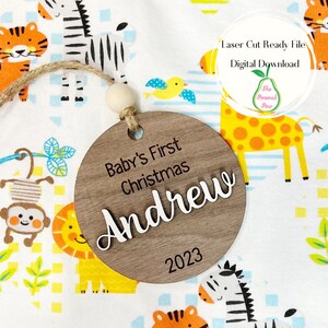 SVG file: Baby&#39;s First Christmas Ornament, Gift Tag, Baby Keepsake, 2023-2026 included,  glowforge, laser cut file.