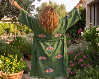 Handmade Turkish Cotton Muslin Kimono Robe, Evil Eye Print, Wabi-Sabi Loungewear