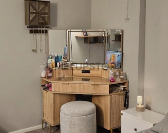 48 Inch Corner Makeup Vanity with Lighted Triple Mirror, Natural Oak Fluted Vanity Desk Glass Top, 3 Drawers, 2 Cabinets