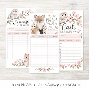 Könnte beinhalten: Drei druckbare A6-Sparplan-Blätter mit Aquarellillustrationen einer Eule, eines Fuchses und eines Eichhörnchens, umgeben von rosa Blumen. Die Blätter enthalten Text für Expense Tracker, Budget Tracker und Cash Breakdown mit Tabellen.