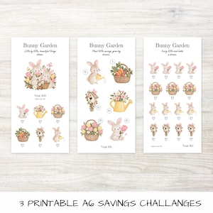 May include: Three printable A6 savings challenge trackers titled Bunny Garden. Each card features watercolour illustrations of rabbits, flower baskets, birdhouses, and watering cans with text, heart icons, and numerical values for tracking financial goals.
