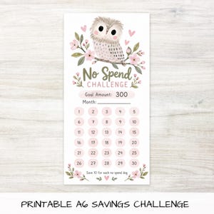 May include: A No Spend Challenge savings tracker featuring a watercolour owl perched on a branch with pink flowers and hearts. The card includes fields for Goal Amount 300 and Month, followed by thirty numbered circles and the text Save 10 for each no-spend day.