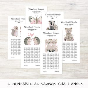 Könnte beinhalten: Sechs weiße, rechteckige Sparkarten mit der Aufschrift Woodland Friends, die jeweils Aquarellillustrationen von Tieren wie Eichhörnchen, Schmetterling, Dachs, Igeln, Fuchs und Bär sowie Reihen kleiner Herzsymbole zum Sparen zeigen.