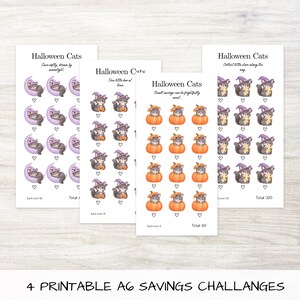 Könnte beinhalten: Vier druckbare A6-Spar-Challenge-Blätter mit dem Titel Halloween Cats. Jedes Blatt zeigt Reihen illustrierter Kätzchen mit Hexenhüten auf Monden, in Kürbissen oder mit Sternen, ergänzt durch kleine Herzsymbole zur Fortschrittskontrolle.