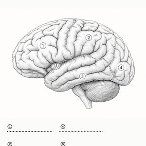 以下が含まれることがあります： CEREBRAL ARCHITECTURE & CORTICAL MAPPINGおよびLateral cortical architecture & lobesと題された白黒の解剖学的図。1から5までの番号が付けられたラベルと空白の線が付いた、人間の脳の詳細な線画が特徴です。