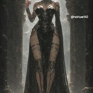 Peut inclure: Une silhouette aux cheveux courts et sombres porte une robe noire longue jusqu'au sol avec un décolleté en cœur, des ornements argentés complexes et des panneaux en tissu transparent. La tenue inclut le texte @noirluxe142.