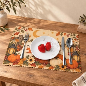 Halloween Placemats Set of 4, Ghost Pumpkin Black Cat Table Mats