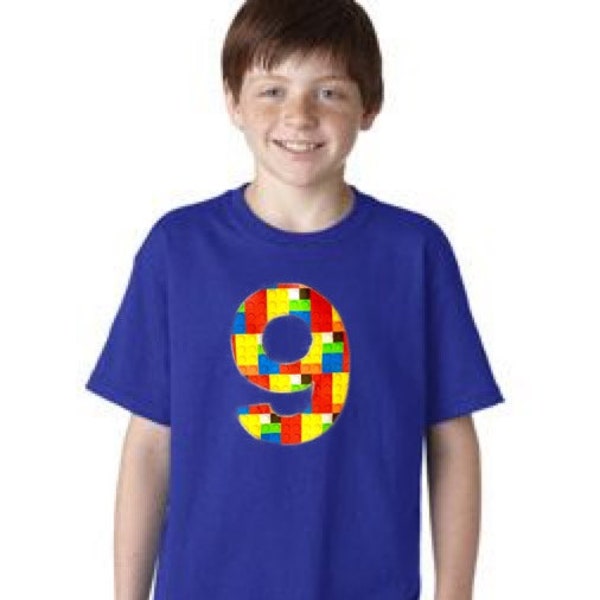 9 Building brick shirt, nine construction blocks birthday outfit, 1 2 3 4 5 Birthday Shirt, 9th primary color blue red yellow plastic toys