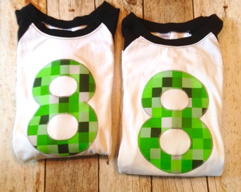 Mine pixel birthday shirt craft made black baseball raglan ANY NUMBER green 8 pixel video game Fabric Birthday Shirt 7th 8th 9th tnt 6 7 8 9