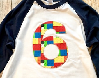 6th construction block 6 Birthday shirt Building Brick primary black white Navy and White baseball Raglan boys toys party cake coding 3 4 5