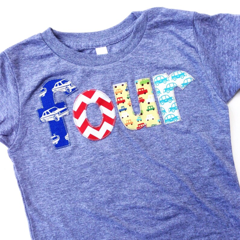 4 year old 4th Birthday Shirt shirt four birthday outfit boy cars birthday party boy red yellow royal aqua fourth birthday shirt